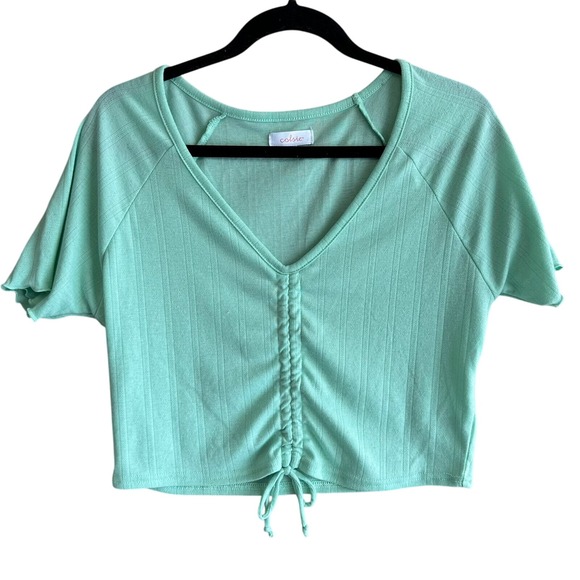 Colsie Tops - Colsie Mint Green Ribbed Knit Crop Top V Neck Drawstring Short Sleeve XL‎